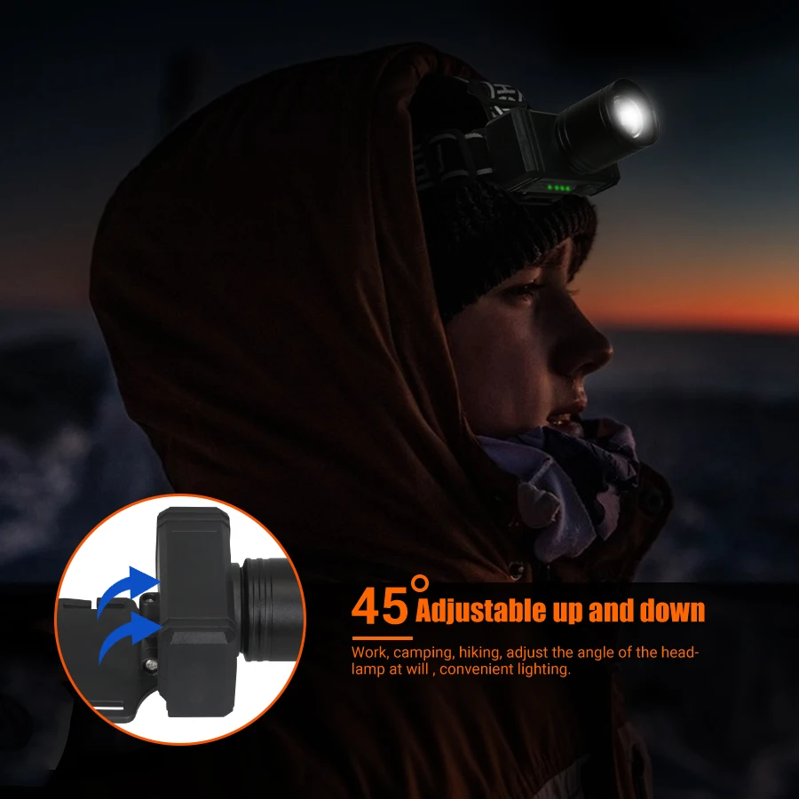 Öflug höfuðljós með 1300lm LED, vatnsheldni og USB endurhleðslu