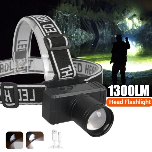 Öflug höfuðljós með 1300lm LED, vatnsheldni og USB endurhleðslu - Image 13