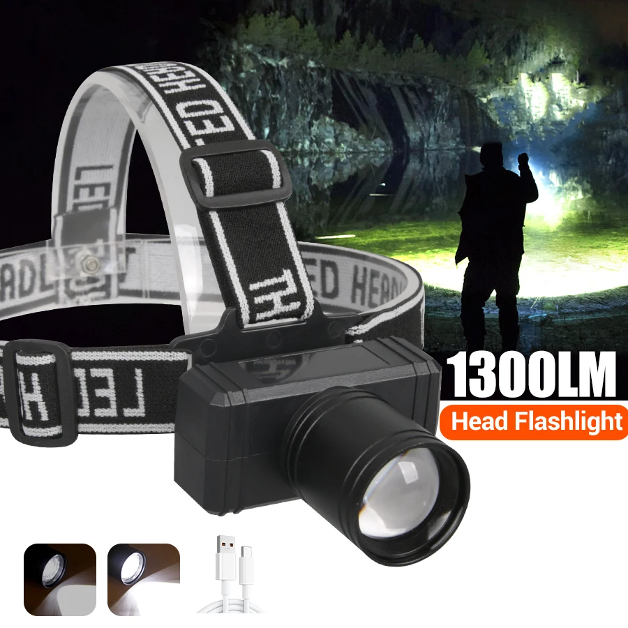 Öflug höfuðljós með 1300lm LED, vatnsheldni og USB endurhleðslu