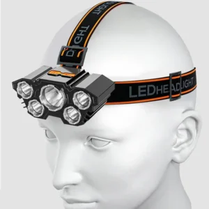 Höfuðljós með 5 LED perum, endurhlaðanlegt með innbyggðri rafhlöðu