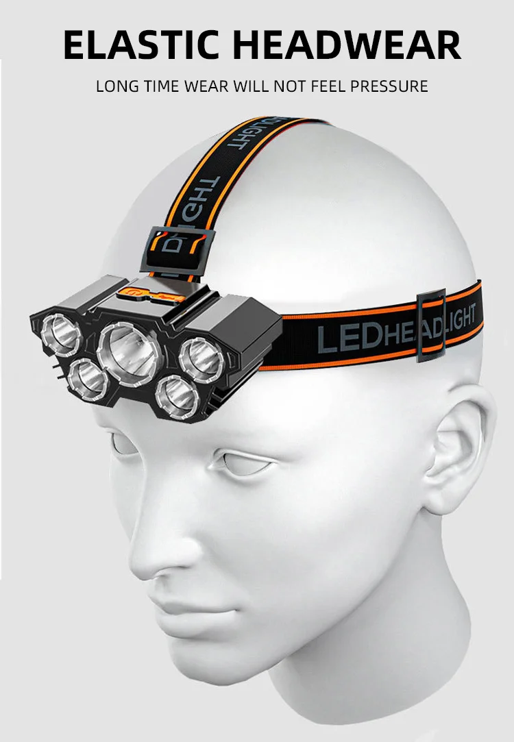 Höfuðljós með 5 LED perum, endurhlaðanlegt með innbyggðri rafhlöðu