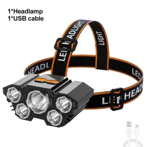 Höfuðljós með 5 LED perum, endurhlaðanlegt með innbyggðri rafhlöðu