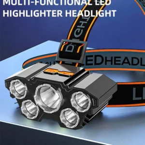 Höfuðljós með 5 LED perum, endurhlaðanlegt með innbyggðri rafhlöðu