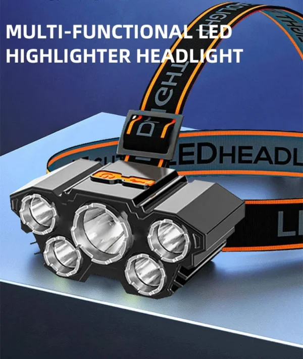 Höfuðljós með 5 LED perum, endurhlaðanlegt með innbyggðri rafhlöðu - Image 9