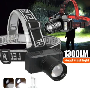 Öflug höfuðljós með 1300lm LED, vatnsheldni og USB endurhleðslu