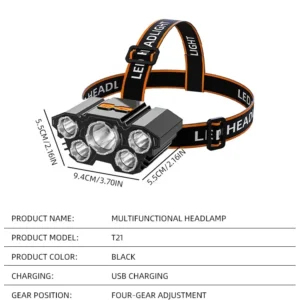 Höfuðljós með 5 LED perum, endurhlaðanlegt með innbyggðri rafhlöðu