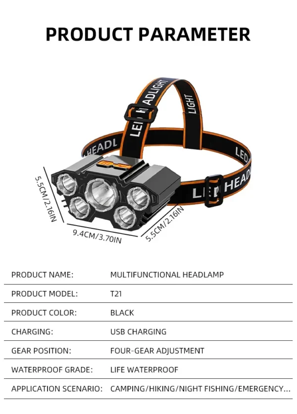 Höfuðljós með 5 LED perum, endurhlaðanlegt með innbyggðri rafhlöðu - Image 17