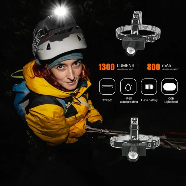 Öflug höfuðljós með 1300lm LED, vatnsheldni og USB endurhleðslu - Image 3