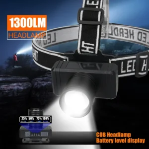 Öflug höfuðljós með 1300lm LED, vatnsheldni og USB endurhleðslu