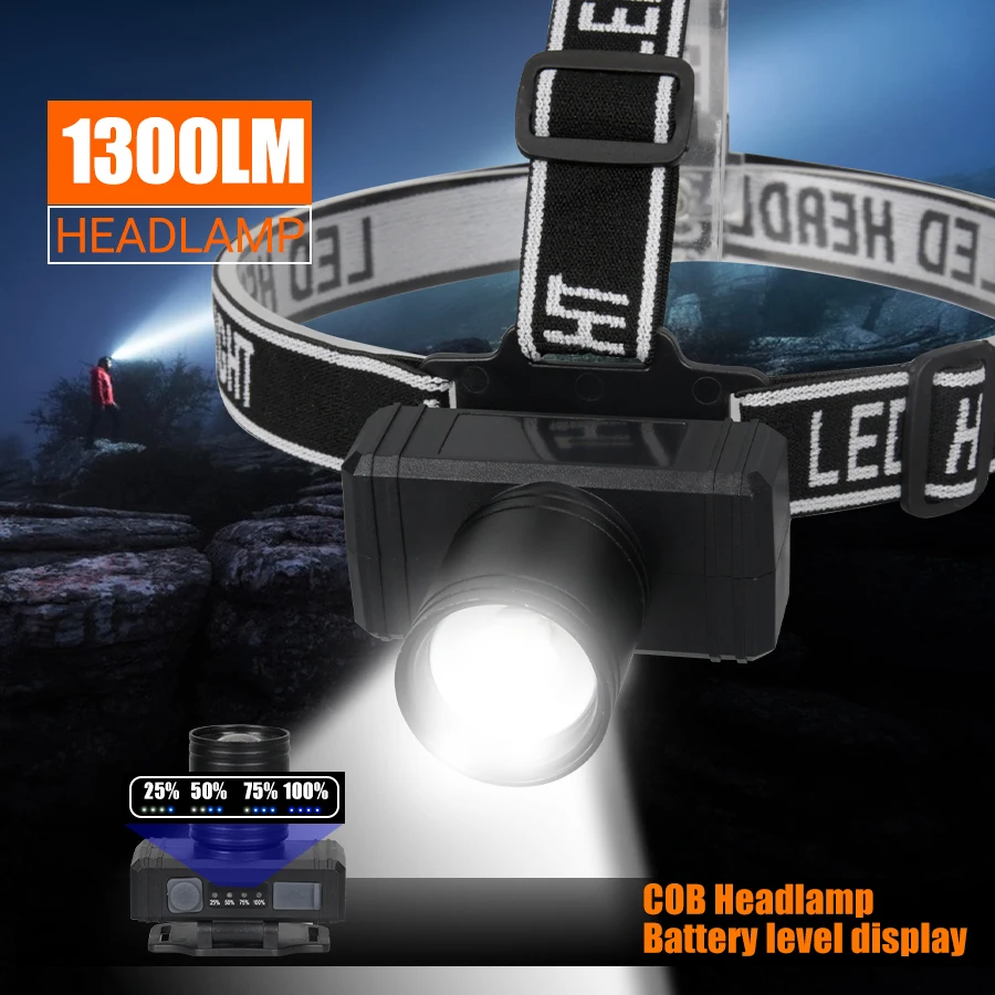 Öflug höfuðljós með 1300lm LED, vatnsheldni og USB endurhleðslu