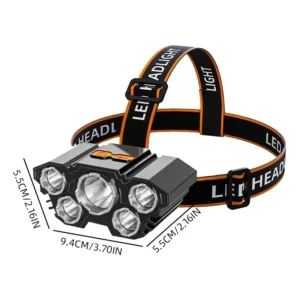Höfuðljós með 5 LED perum, endurhlaðanlegt með innbyggðri rafhlöðu