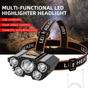 Höfuðljós með 5 LED perum, endurhlaðanlegt með innbyggðri rafhlöðu