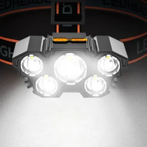 Höfuðljós með 5 LED perum, endurhlaðanlegt með innbyggðri rafhlöðu