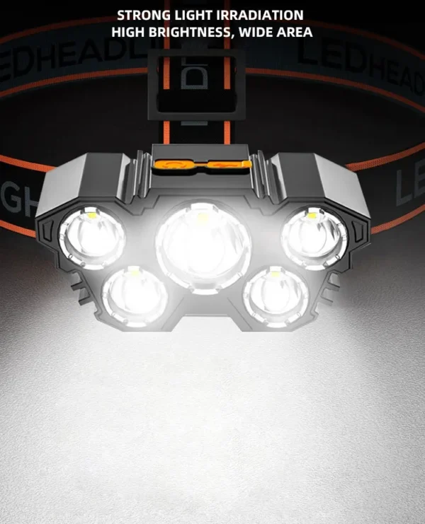 Höfuðljós með 5 LED perum, endurhlaðanlegt með innbyggðri rafhlöðu - Image 11