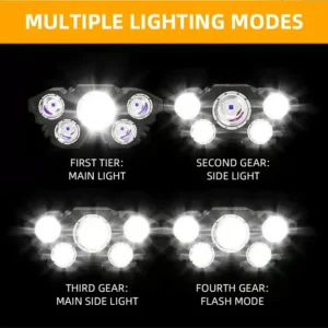 Höfuðljós með 5 LED perum, endurhlaðanlegt með innbyggðri rafhlöðu